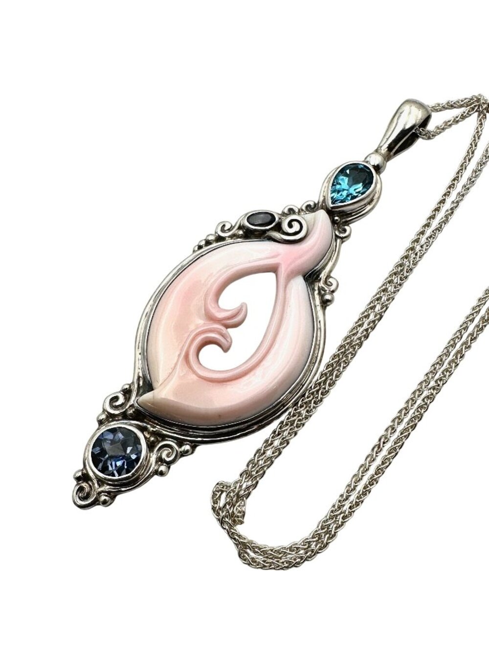 SAJEN Pink Conch Shell Blue Topaz Sterling Silver Pendant Necklace